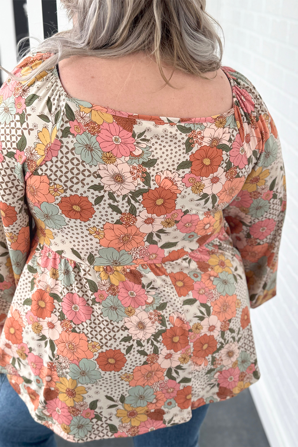 Khaki floral square neck peplum blouse in plus sizes