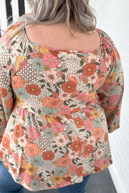 Khaki floral square neck peplum blouse in plus sizes