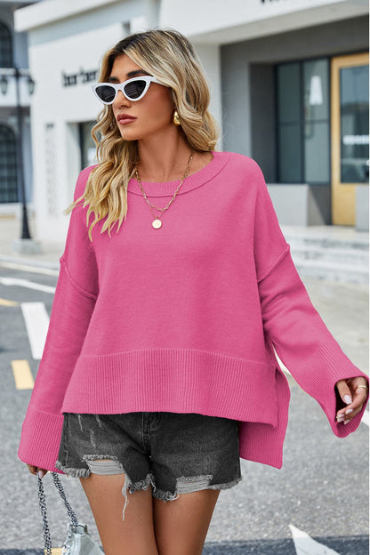 High-Low Slit Round Neck Long Sleeve Sweater.