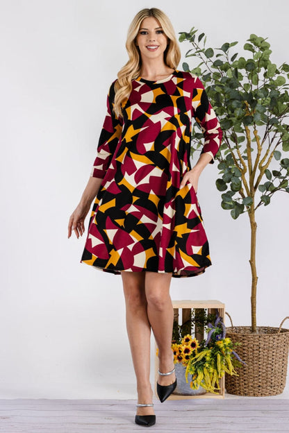 Celeste Full Size Geometric Round Neck Dress with Pockets.