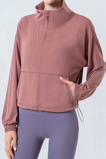 Drawstring Zip Up Dropped Shoulder Active Outerwear.