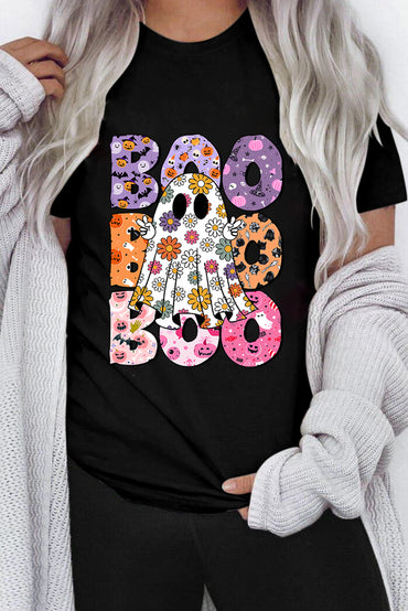 Floral ghost print Halloween t-shirt with playful BOO lettering