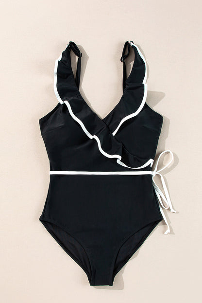 Elegant Black Ruffled V-Neck Wrap Swimsuit with Color Contrast