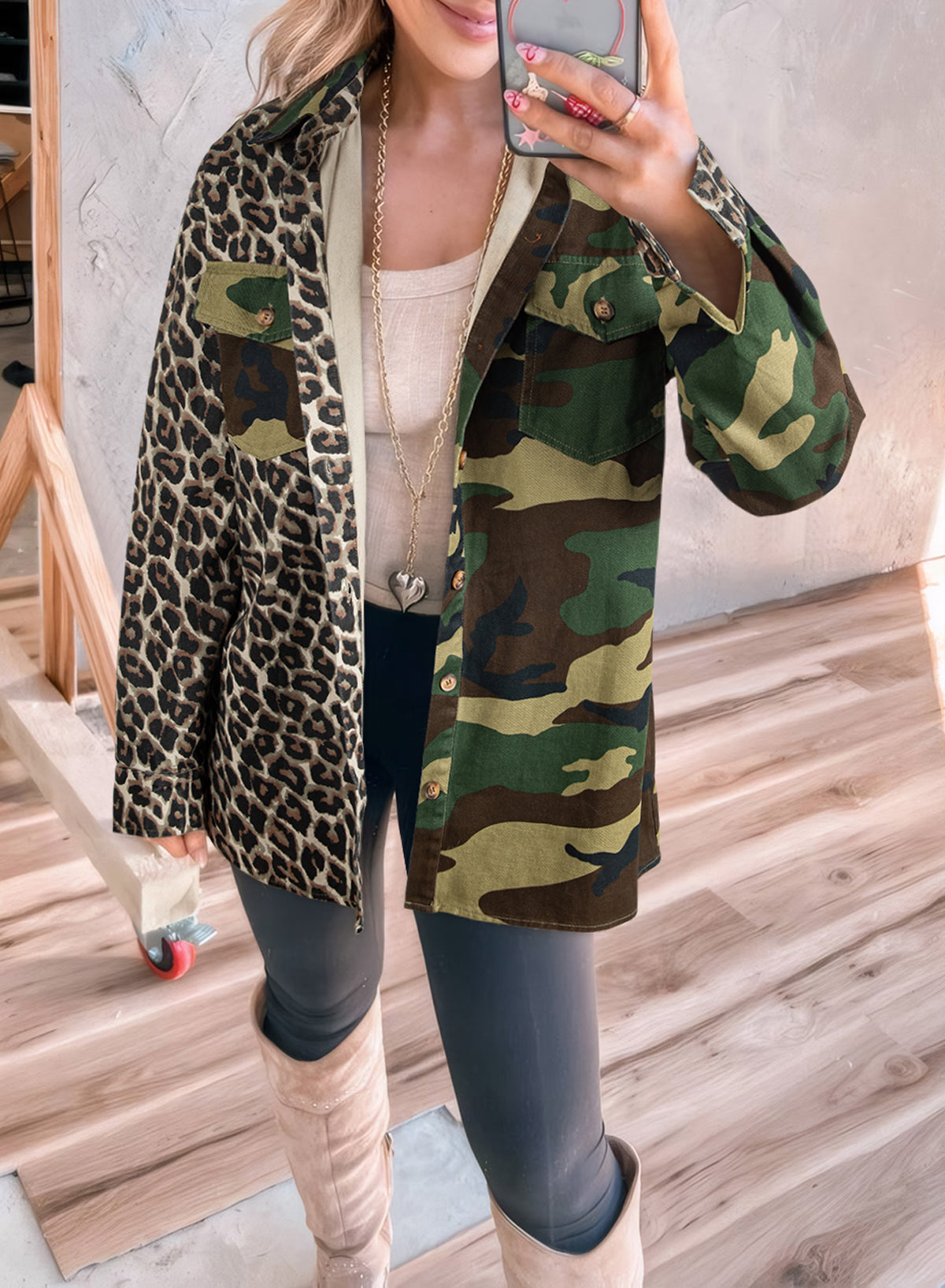 Brown Leopard Camo Patchwork Oversize Shacket With Relaxed Fit Casual Outerwear For Everyday Wear Dear-Lover Dropshipping