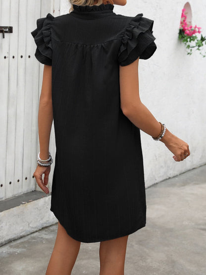 Ruffled Notched Cap Sleeve Mini Dress.