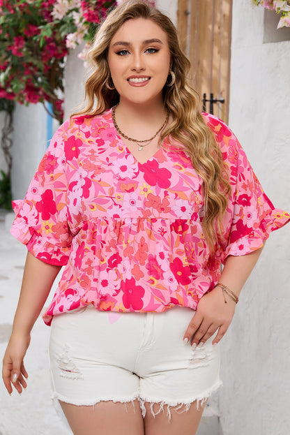 Lovely rose print ruffled plus size babydoll blouse