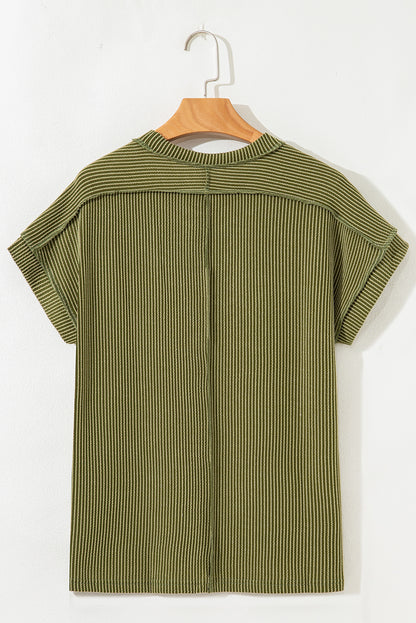 Jungle Green Textured Knit T Shirt with Exposed Stitching