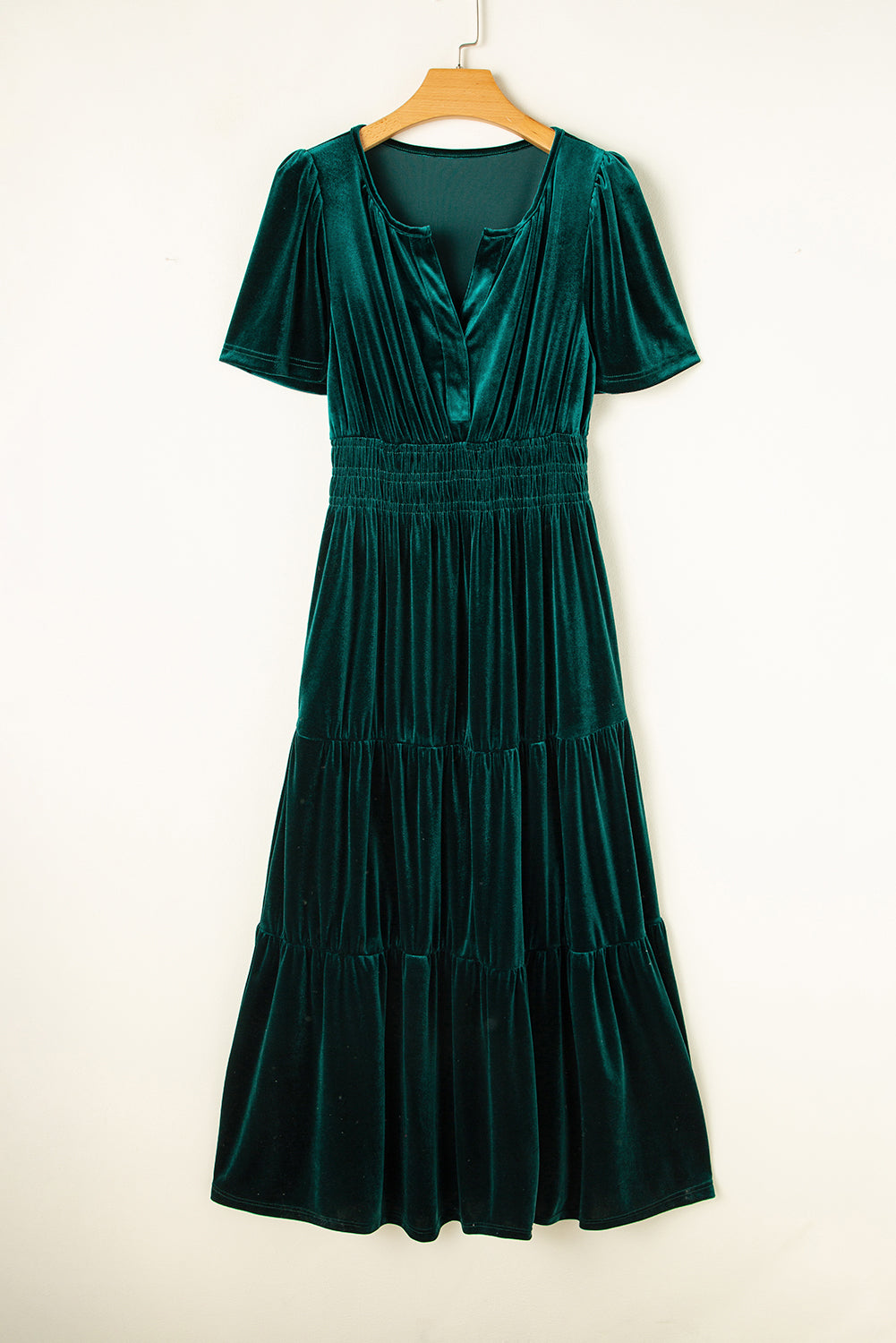 Evergreen velvet tiered maxi dress