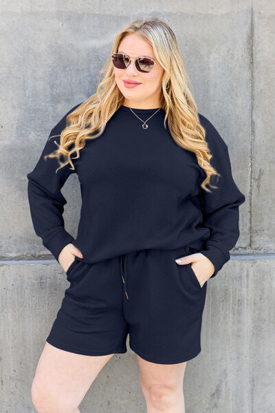 Double Take Full Size Texture Long Sleeve Top and Drawstring Shorts Set - Love Salve