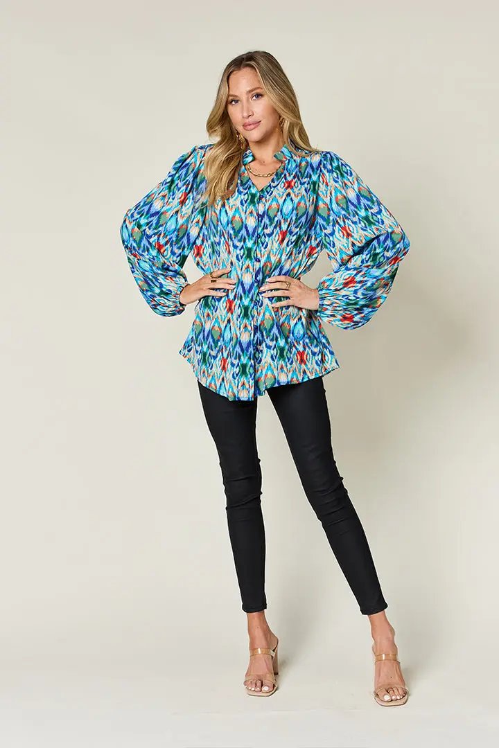 Double Take Full Size Printed Balloon Sleeve Blouse - Love Salve