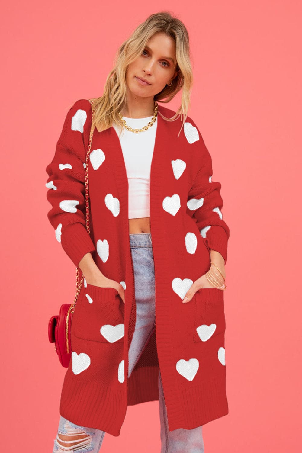 Heart Graphic Open Front Cardigan with Pockets.