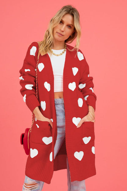 Heart Graphic Open Front Cardigan with Pockets.