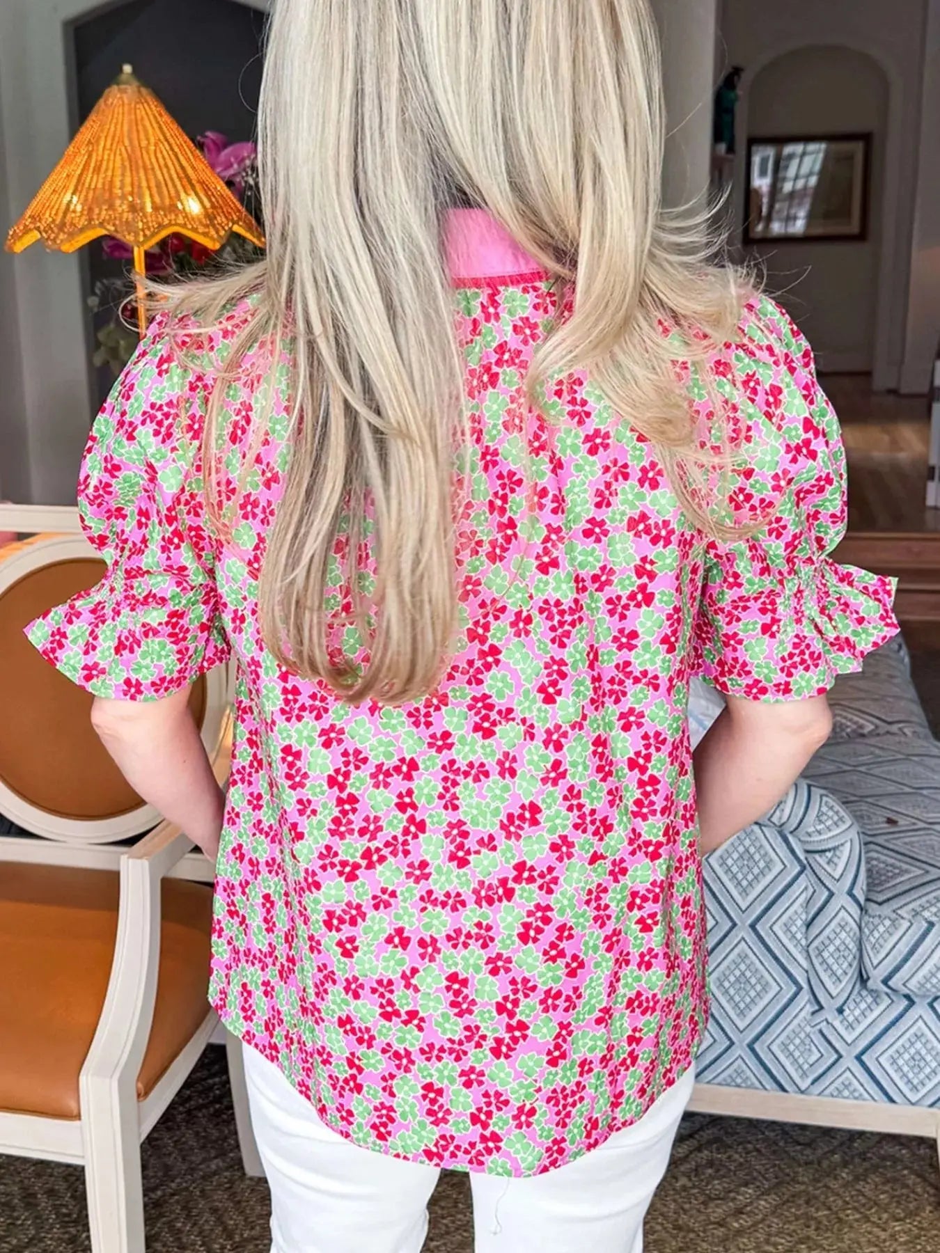 Floral Collared V Neck Short Puff Sleeve Blouse Simply Love