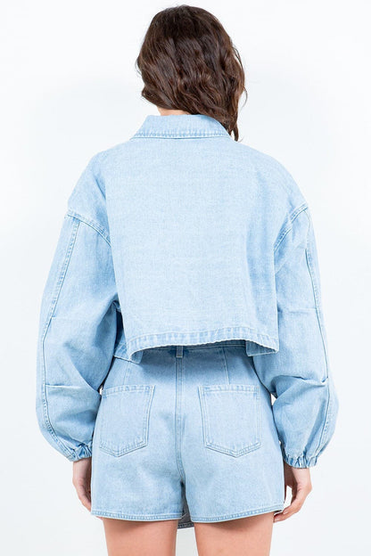 Cropped denim jacket with drawstring