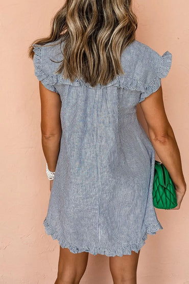 Stripe Frilled Ruffled Cap Sleeve Button Up Mini Dress
