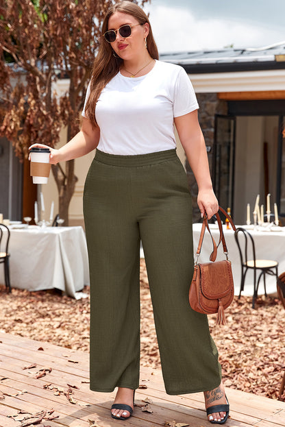 Jungle green plus size textured wide-leg casual pants