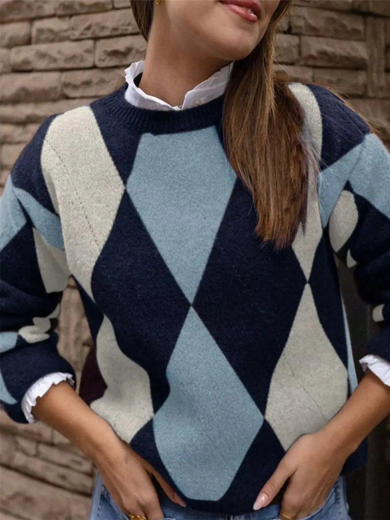 Vintage Argyle Round Neck Sweater Simply Love