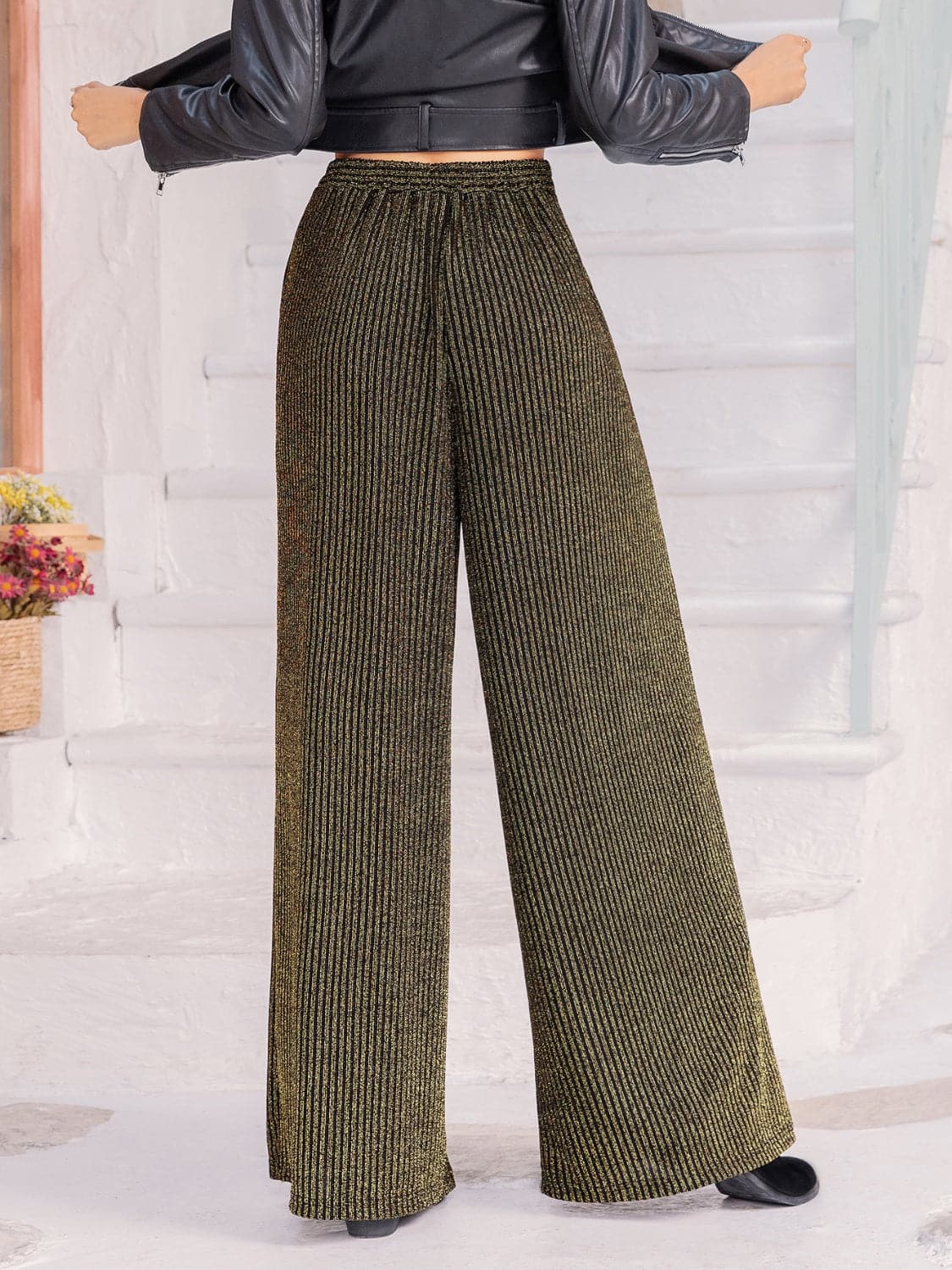 Ribbed High-Waisted Wide Leg Trousers