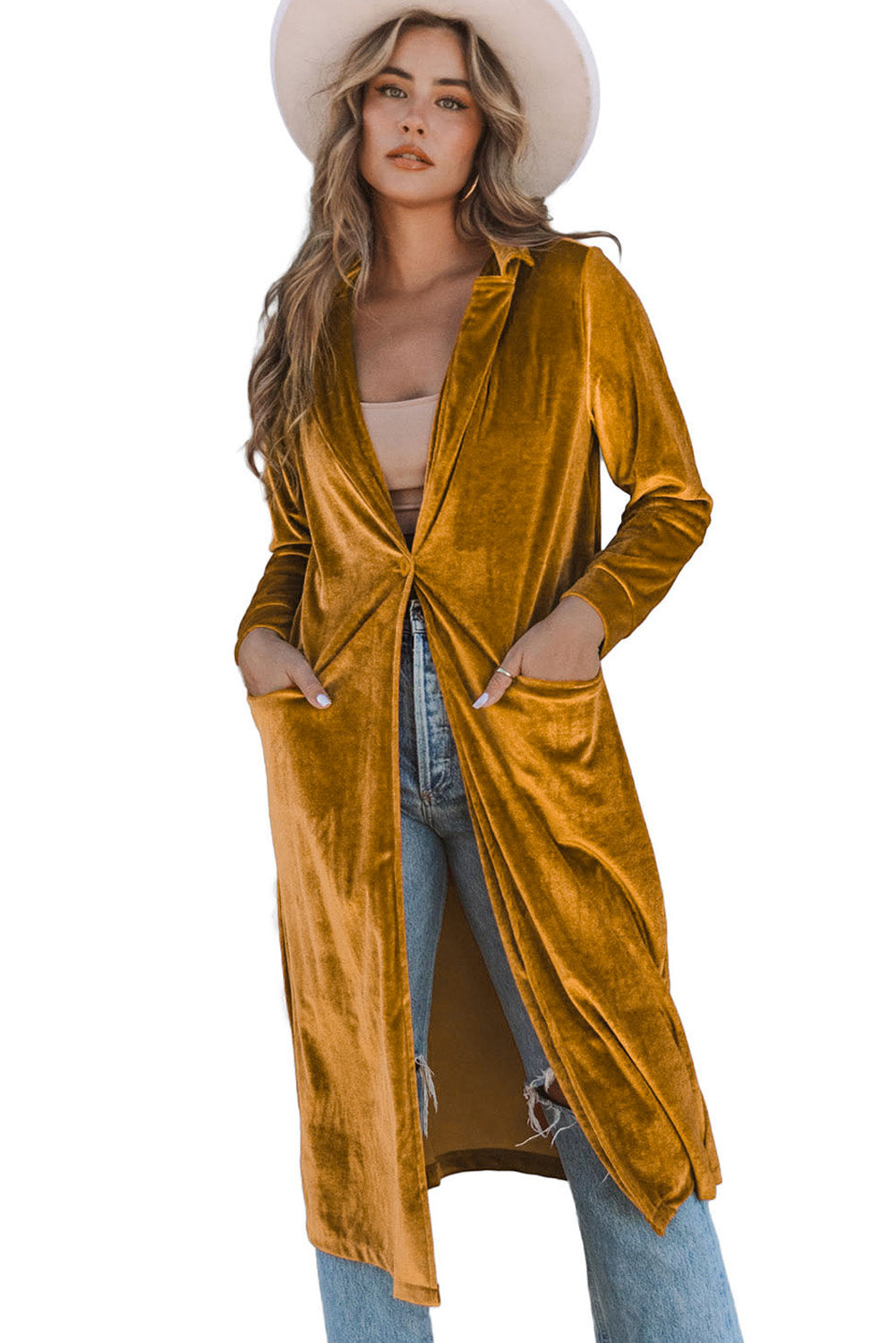 Chic yellow velvet long sleeve coat with practical pockets