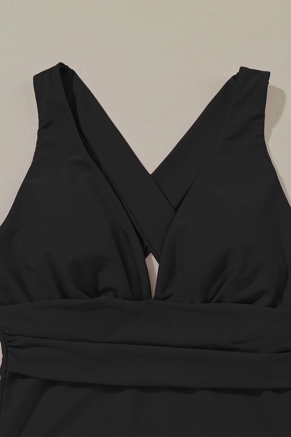 Sleek Black Backless Ruched High-Cut Monokini with Deep V Neck