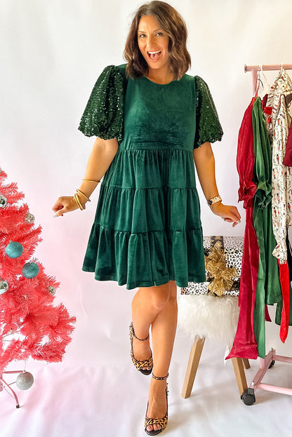 Evergreen Sequin Puff Sleeve High Waist Velvet Mini Dress