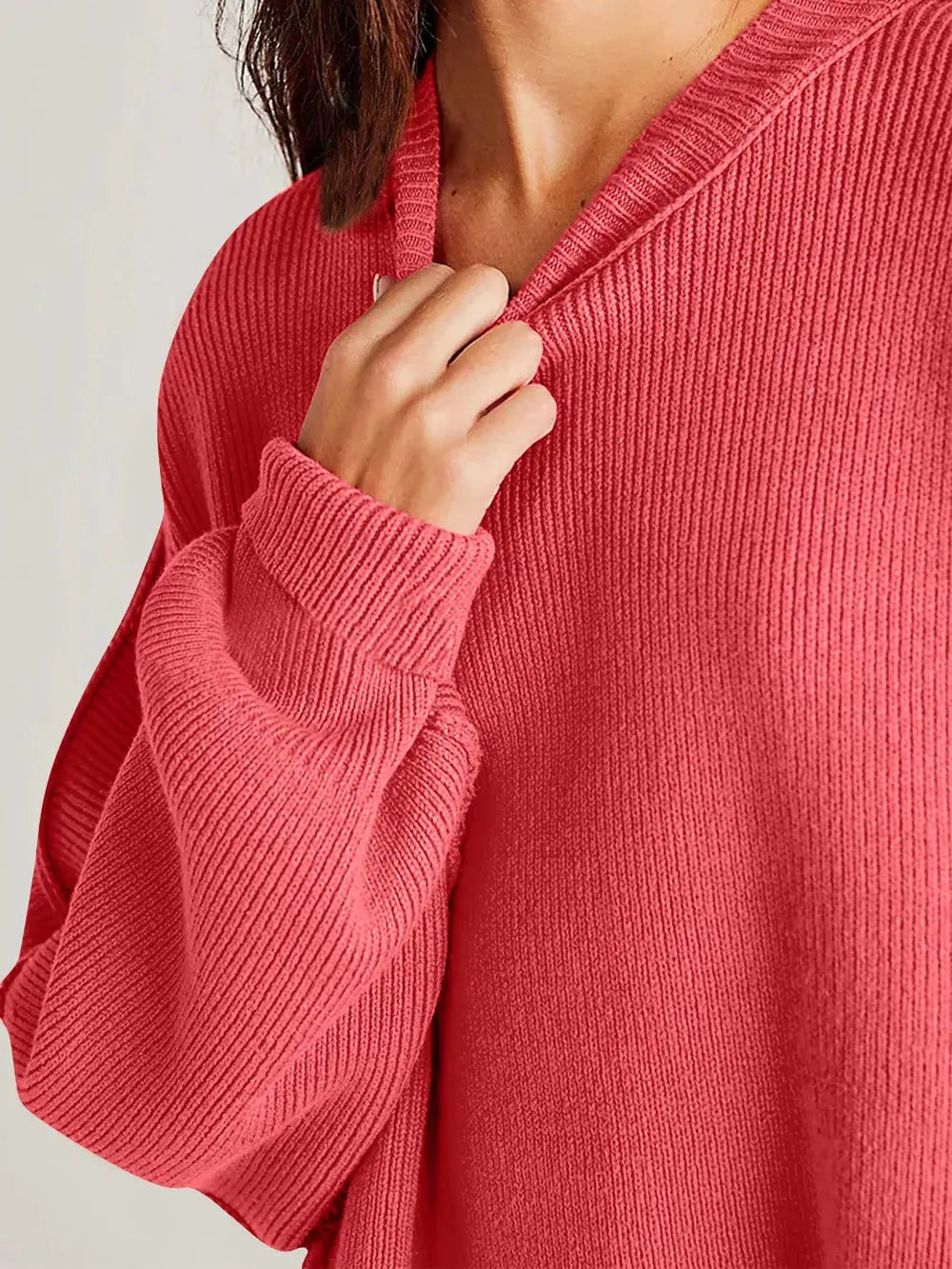Double Take Side Slit Round Neck Long Sleeve Sweater - Love Salve