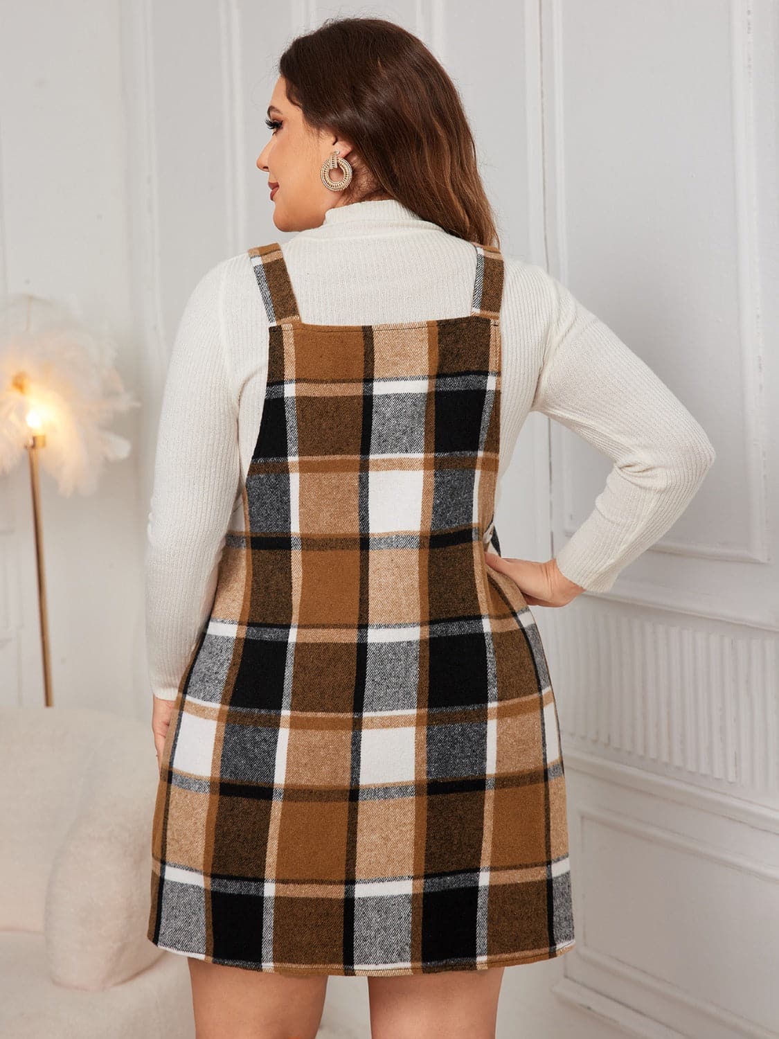 Plus Size Plaid Wide Strap Overall Dress.