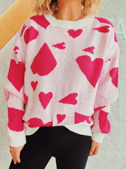 Charming heart-patterned long sleeve sweater