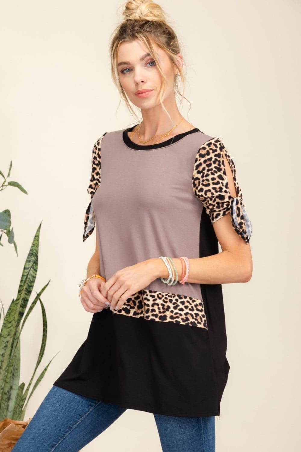 Celeste Full Size Open Tie Sleeve Leopard Color Blocked Top.