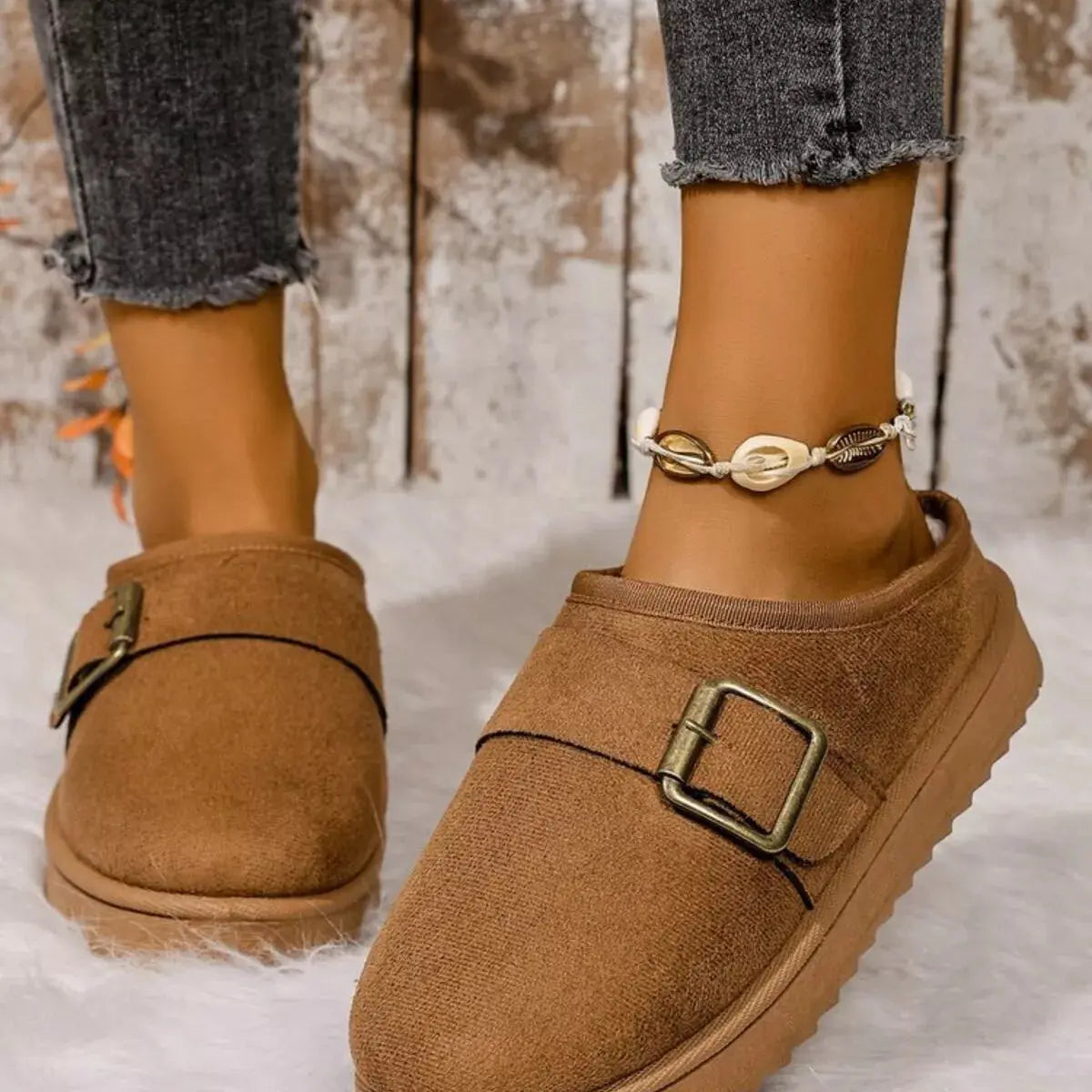 Buckle Decor Plush Lined Warm Slippers Simply Love