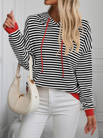 Striped Long Sleeve Hooded Knit Top.