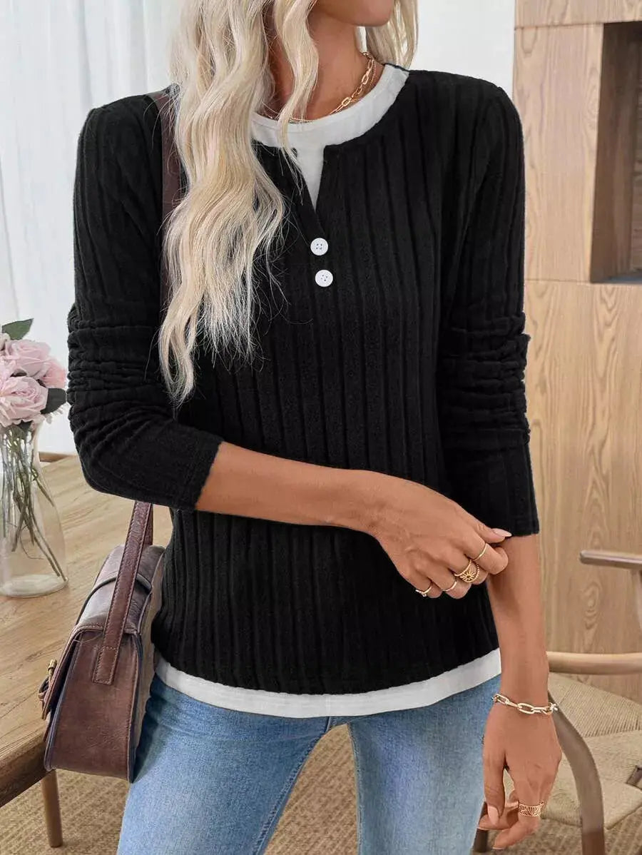 Ribbed Knit Long Sleeve Henley T-Shirt Simply Love