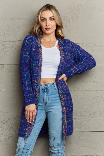 Plaid Fringe Trim Open Front Longline Cardigan.