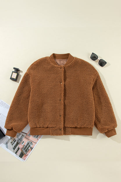 Redwood burl sherpa bomber jacket with baseball collar