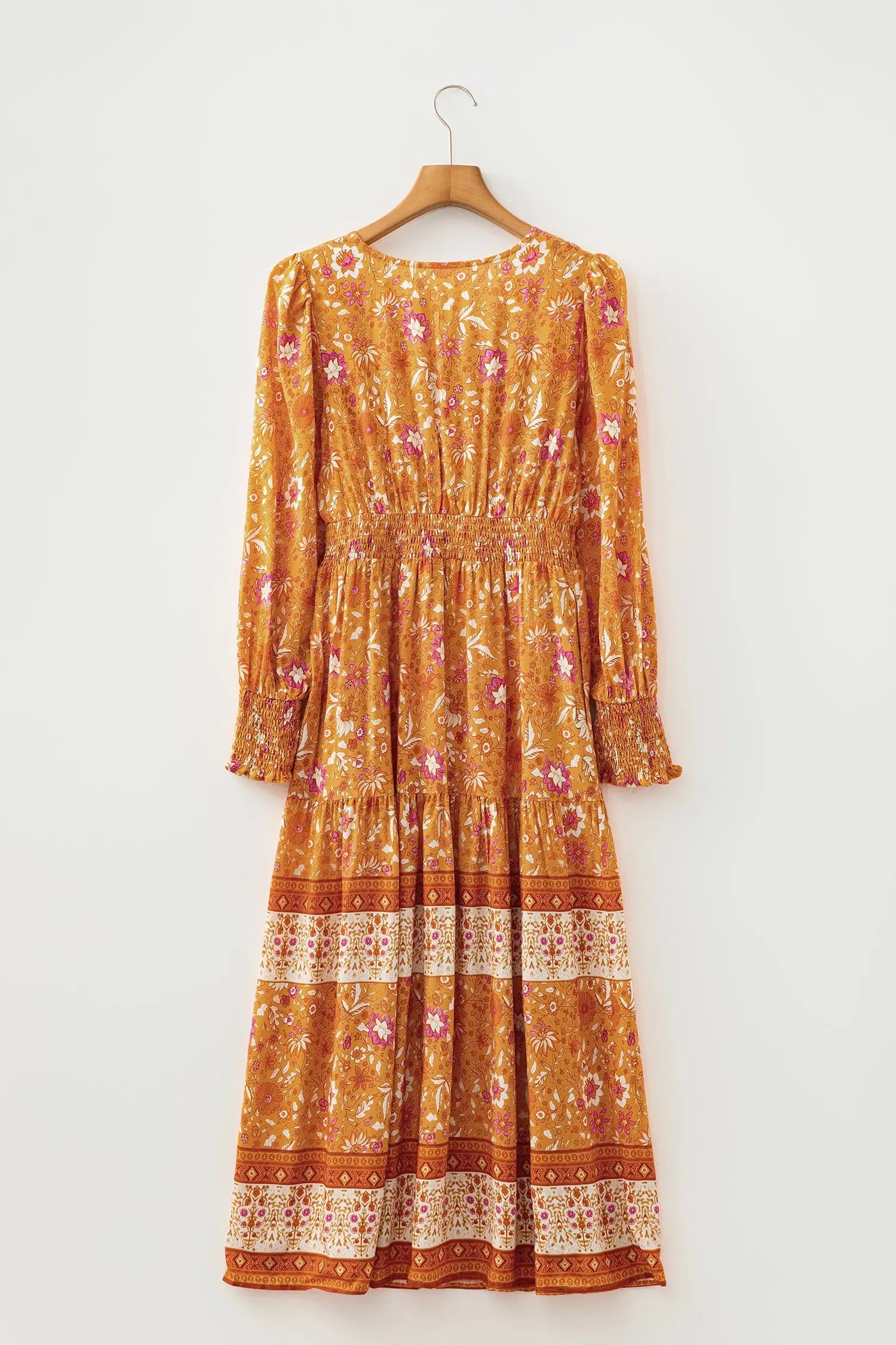 Orange Floral Print Smocked Waist Long Sleeve Boho Maxi Dress Dear-Lover Dropshipping