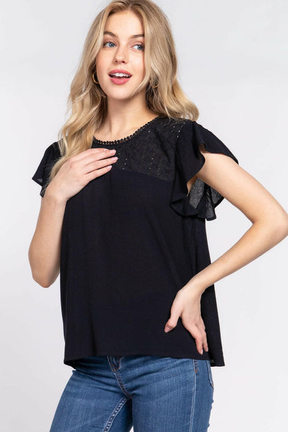 ACTIVE BASIC Ruffle Short Sleeve Crochet Blouse.