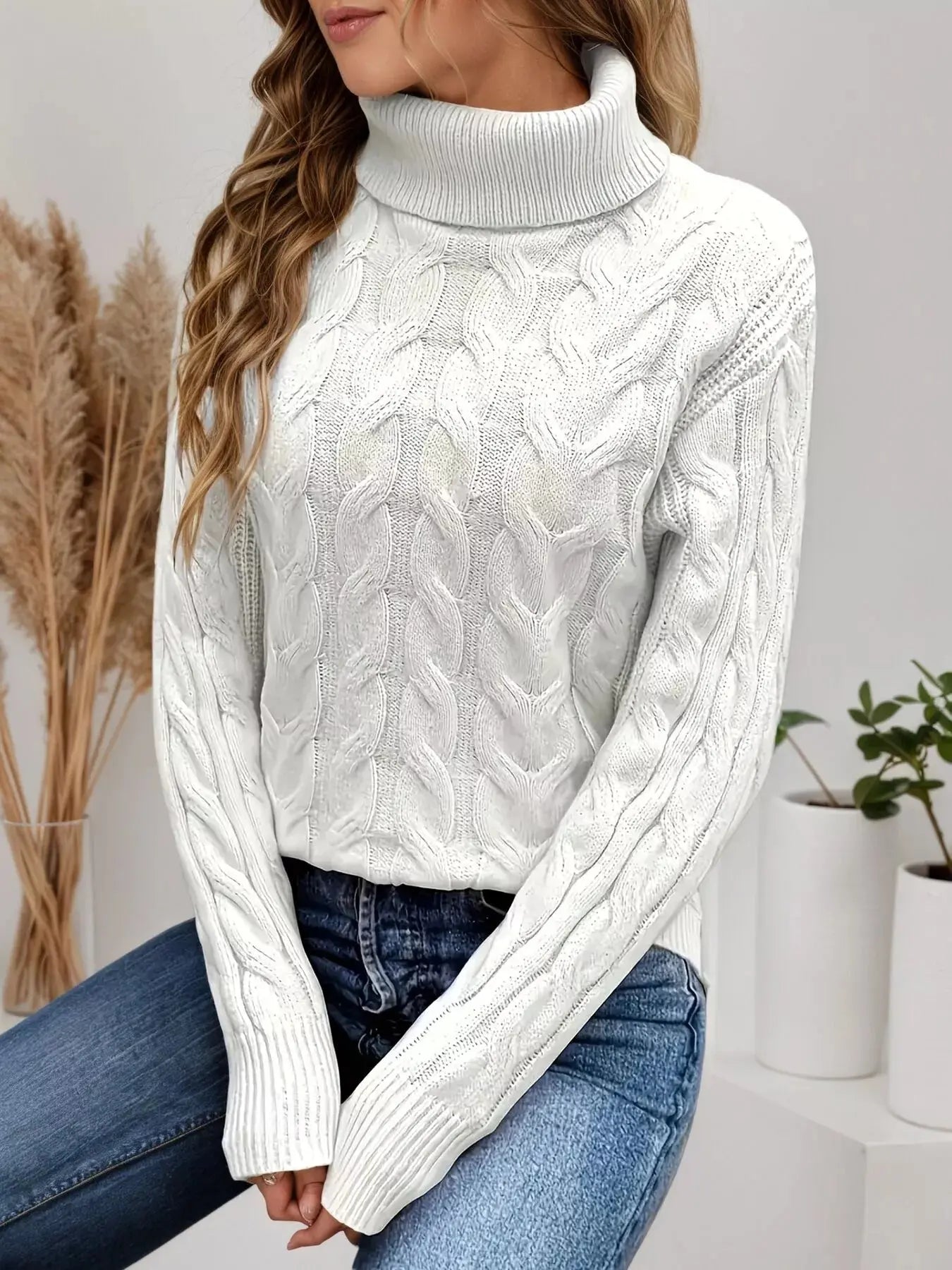 Cable Knit Turtleneck Long Sleeve Sweater Simply Love