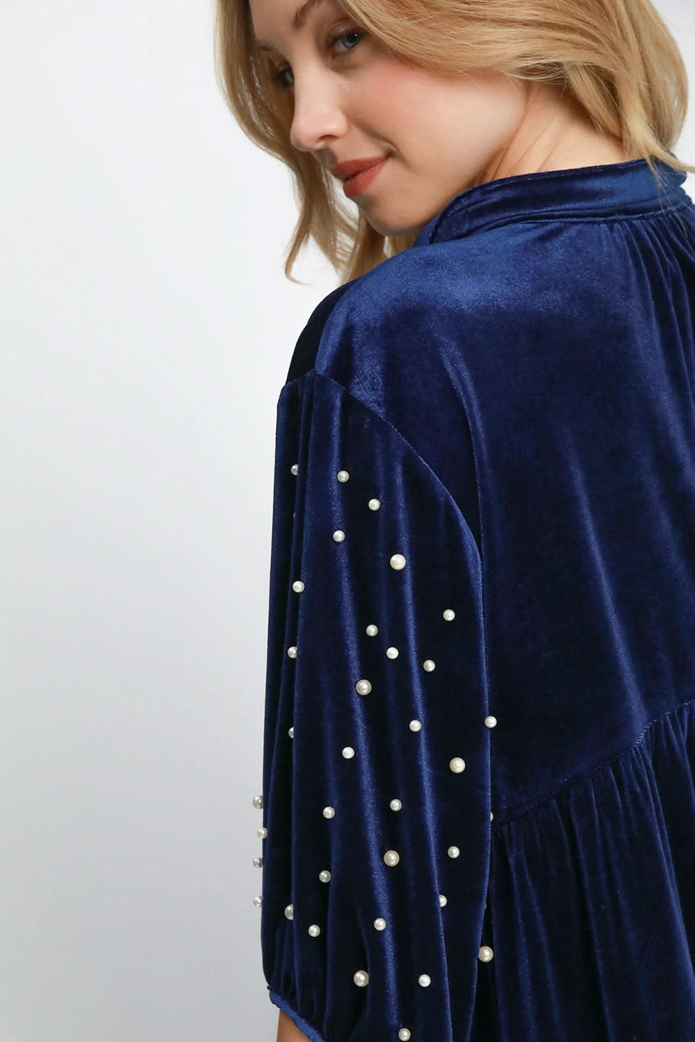 Velvet Babydoll Blouse with Pearl-Embellished Collar