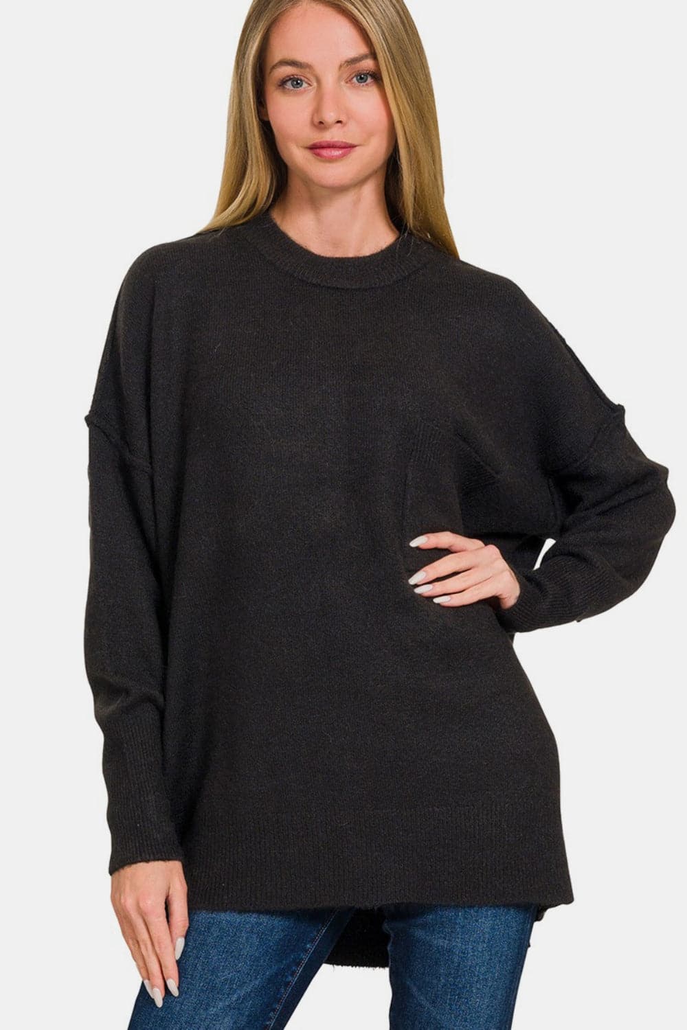 Chic hi-low drop shoulder sweater for effortless style