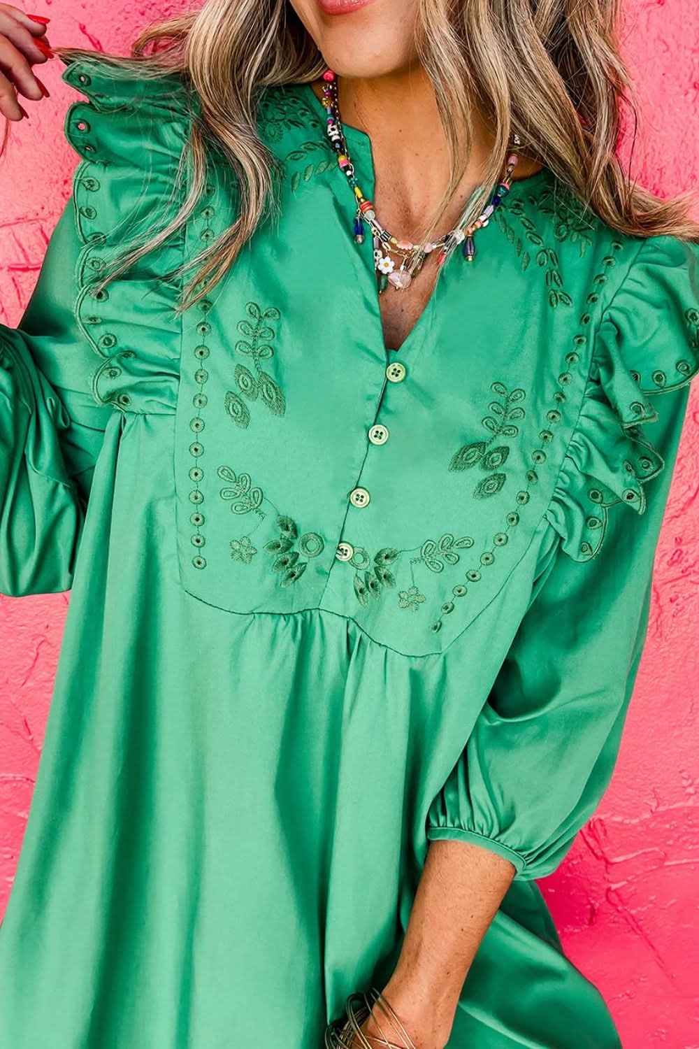 Embroidered sheer ruffled dress with three-quarter sleeves