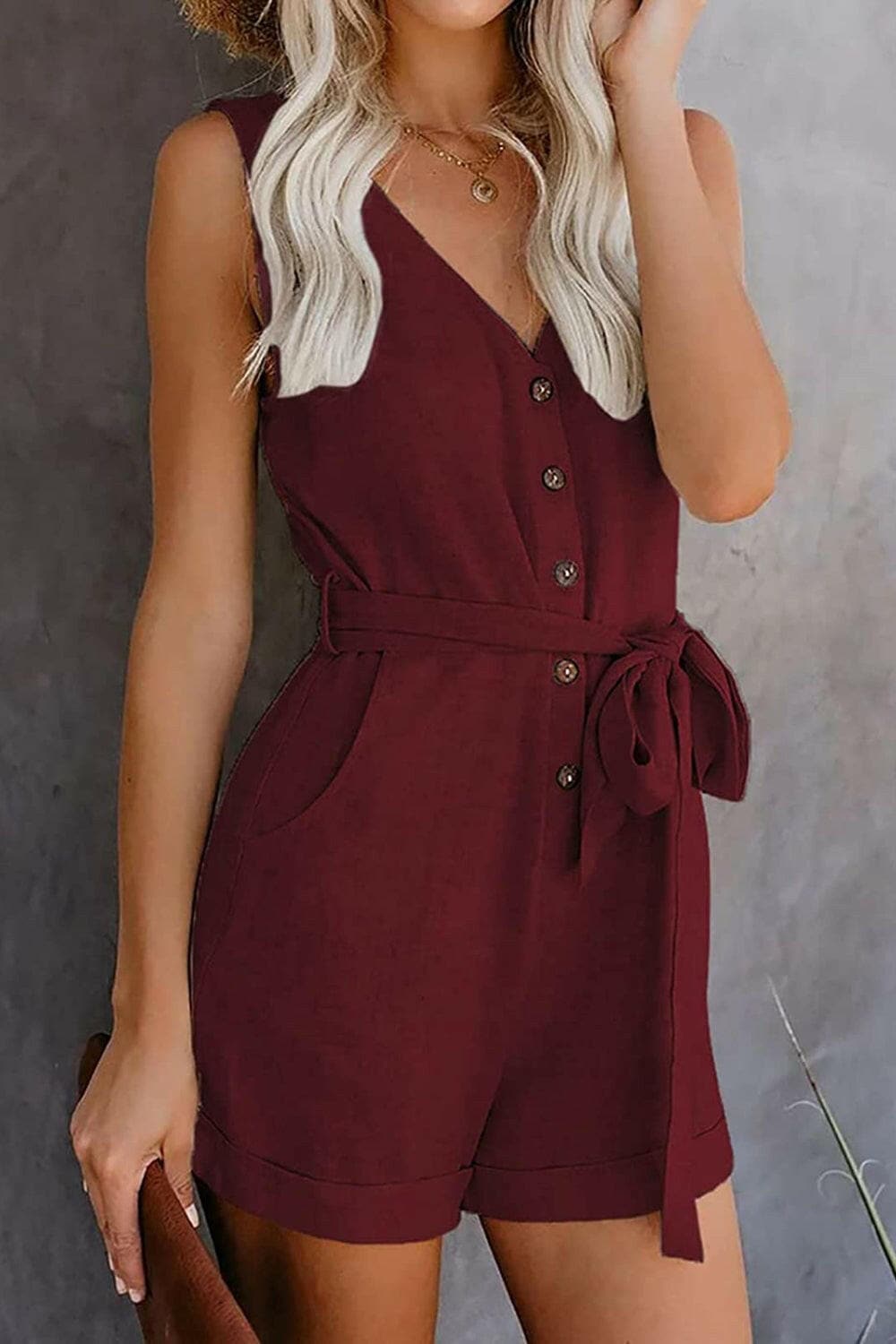 Full Size Tied V-Neck Sleeveless Romper with Pockets.