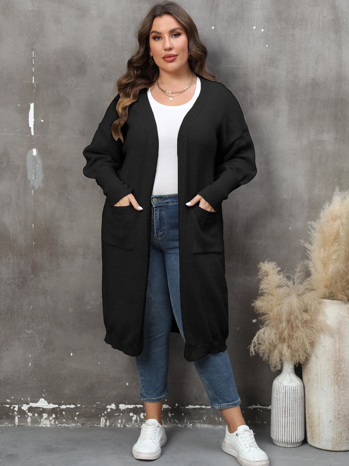 Plus Size Long Sleeve Pocketed Cardigan.