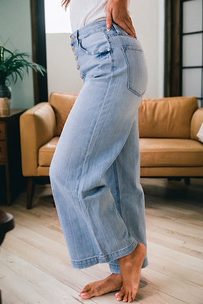 Beau Blue Multi Buttons Pinstripe Wide Leg Jeans for Women