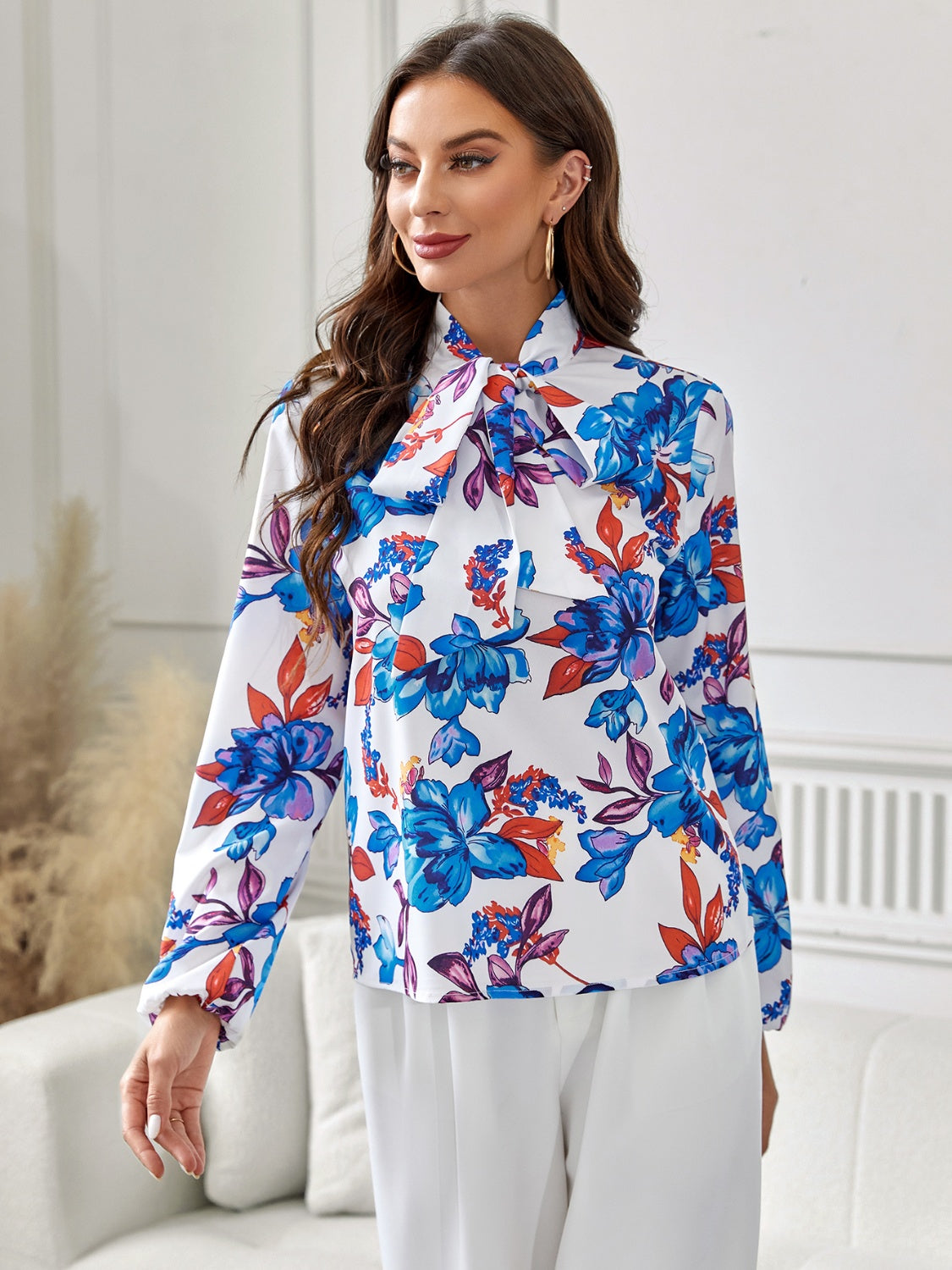 Bold Blooms Tie-Neck Blouse – Elegant Floral Statement Top Coco’s Tee Boutique