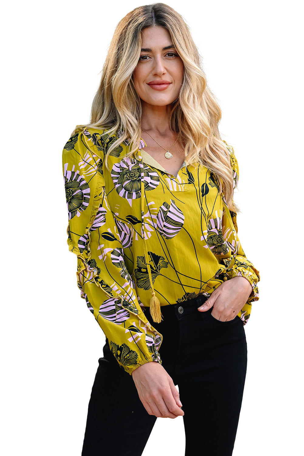 Yellow Vintage Floral V Neck Ruffle Trim Long Sleeve Blouse Dear-Lover Dropshipping