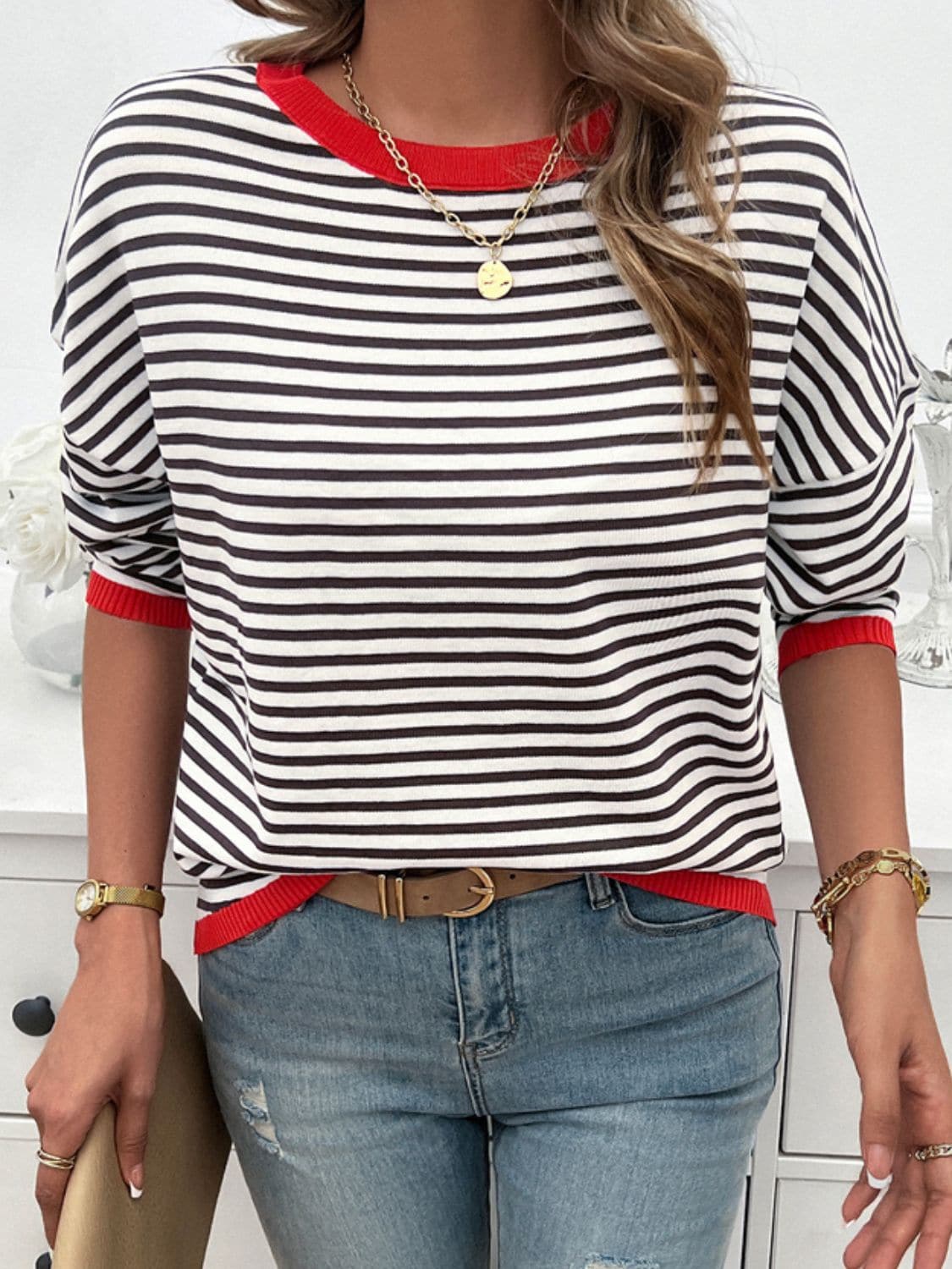 Striped Round Neck Dropped Shoulder Sweater.