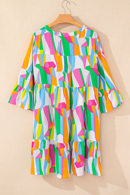 Vibrant multicolour plus size abstract print tiered mini dress with ruffles