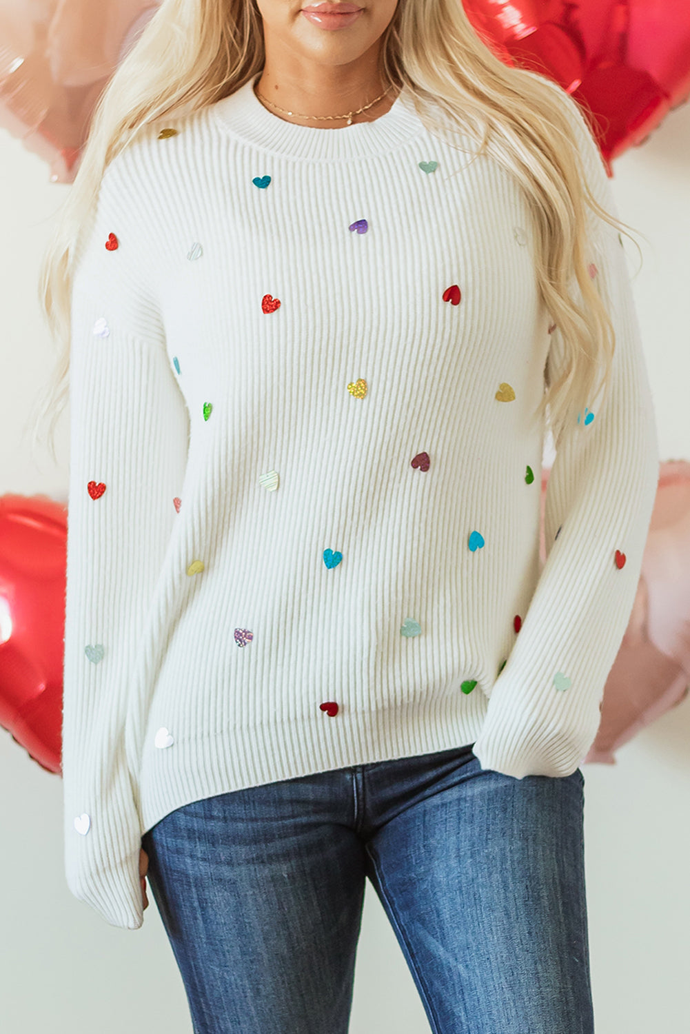 Beige Heart Sequin Waffle Knit Sweater with Round Neck