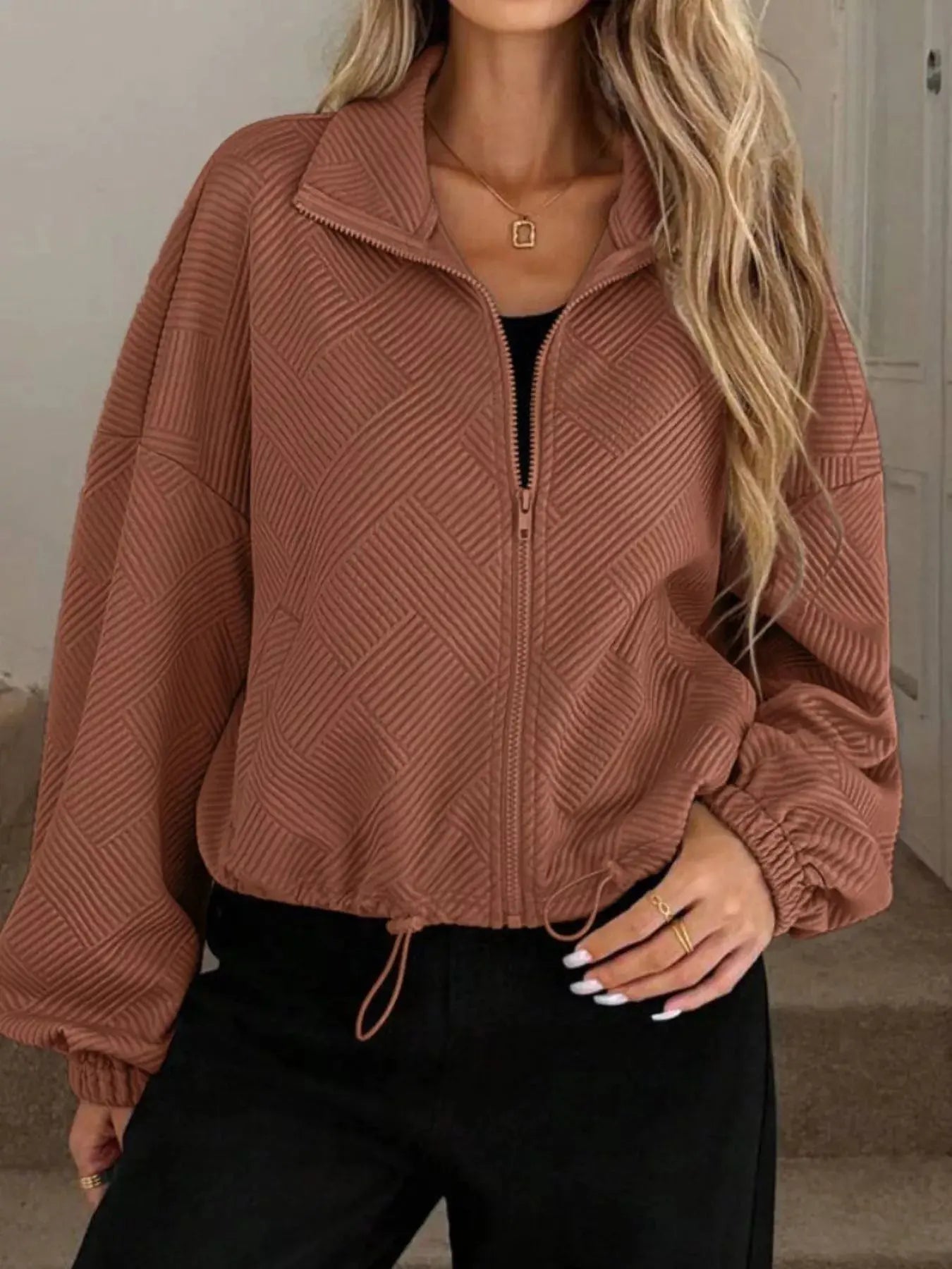 Textured Zip-Up Drawstring Hem Jacket Simply Love