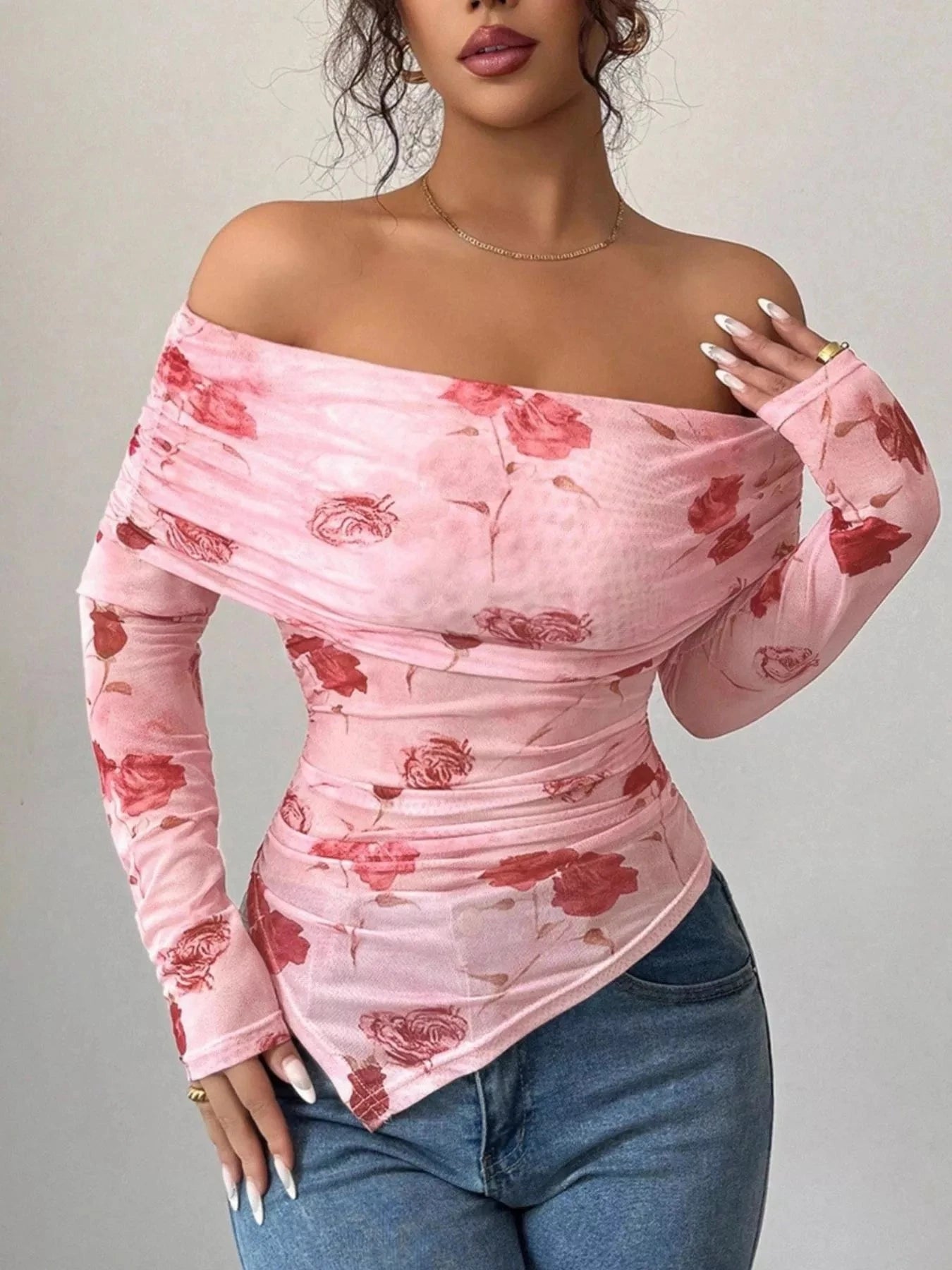 Floral Print Off-Shoulder Mesh Top Simply Love